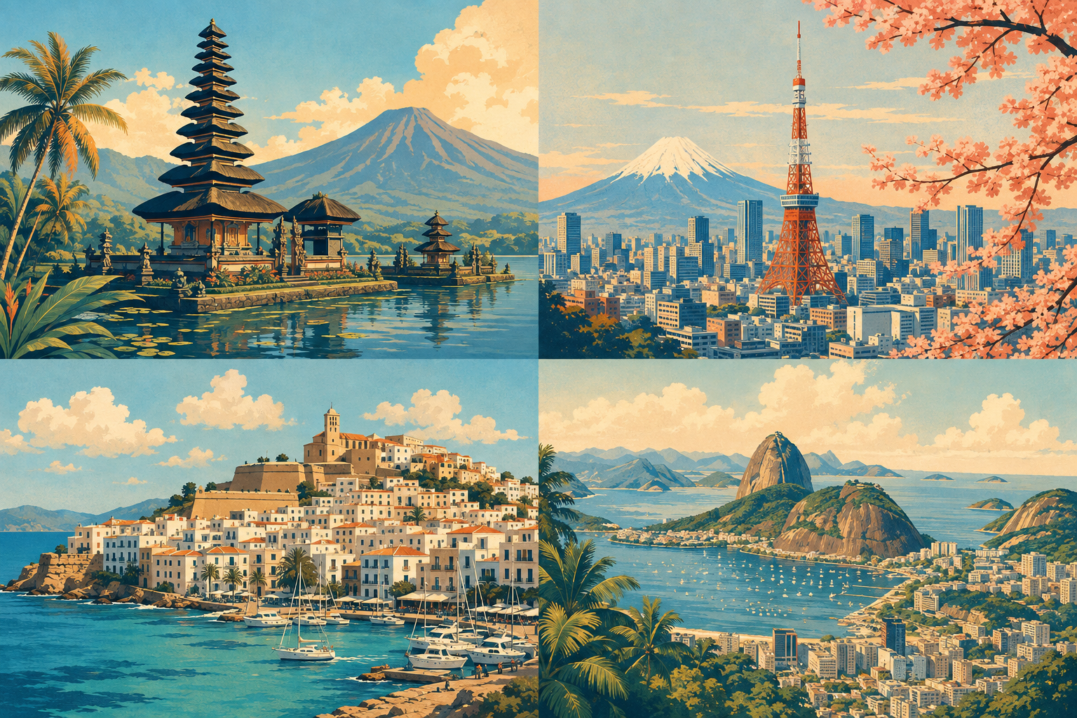 Original retro travel illustrations of Bali, Tokyo, Ibiza and Rio